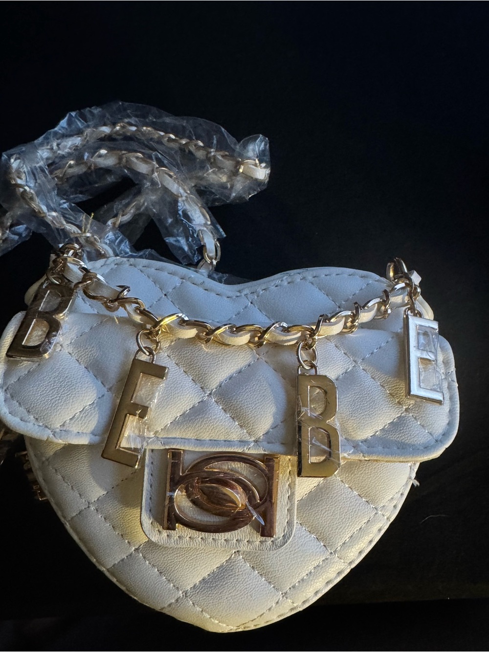 bebe Quilted White Heart Mini Bag with Gold Letter Chain Charm